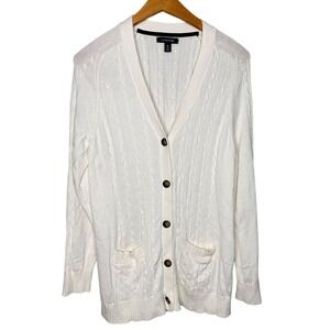 Lands' End Cream Cable Knit Cardigan Sweater M Wool Blend Button Front Pockets